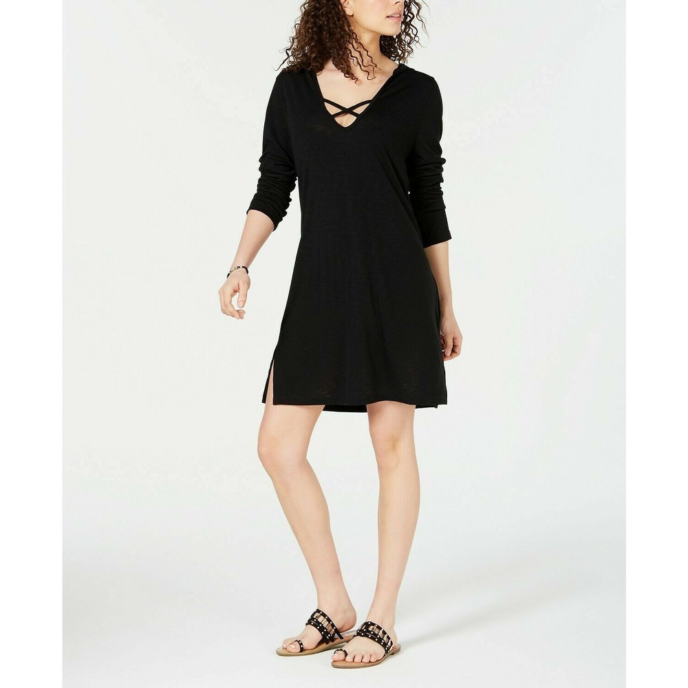 Miken Swimsuit Cover-Up Dress Size Small Black Hooded Long Sleeve NEW‎